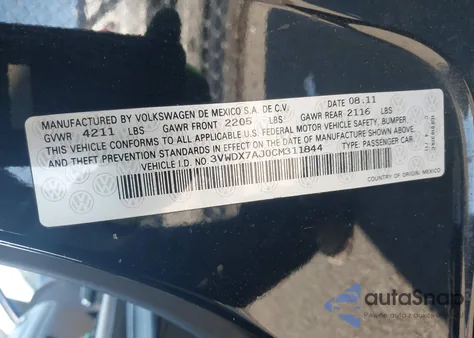 2012 Volkswagen Jetta 2.5L Se из США, поврежденный, VIN 3VWDX7AJ0CM311844